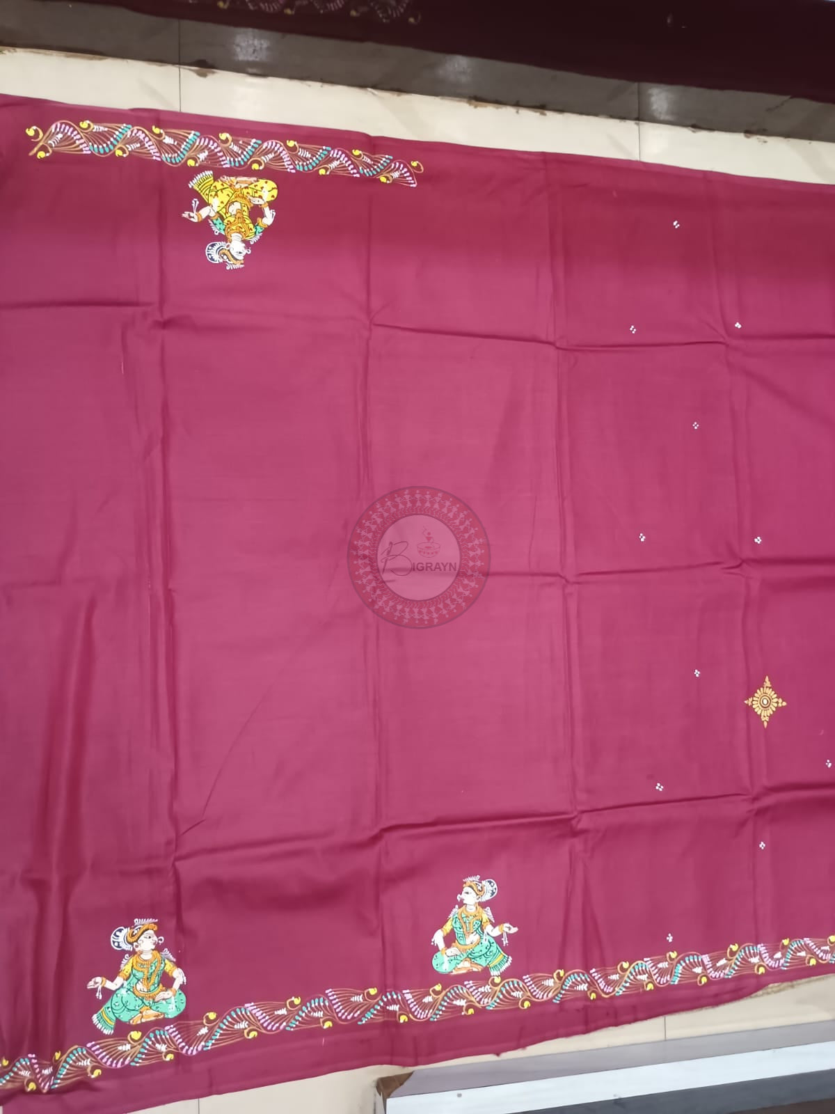 Maroon Radha Krishna Rasa Theme Khadi Silk Hand-Painted Pattachitra Saree | Traditional Odisha Art | Bigrayn Handloom