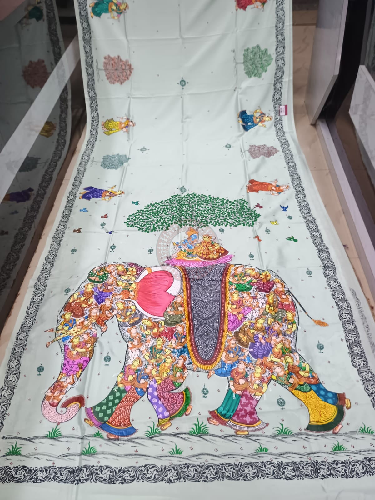 Aqua Kandarp Hasti Theme Khadi Silk Hand-Painted Pattachitra Saree | Traditional Odisha Art | Bigrayn Handloom