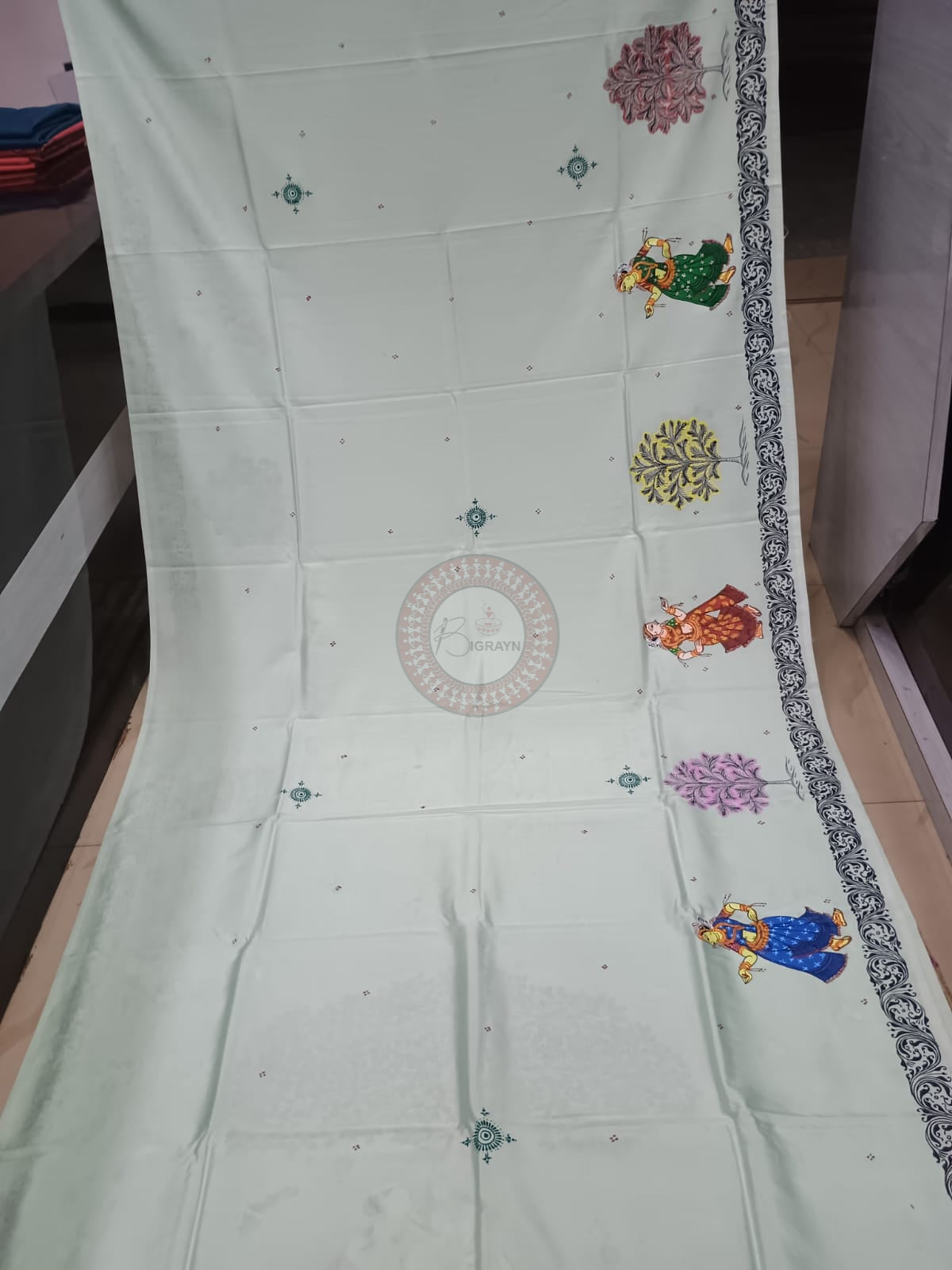 Aqua Kandarp Hasti Theme Khadi Silk Hand-Painted Pattachitra Saree | Traditional Odisha Art | Bigrayn Handloom