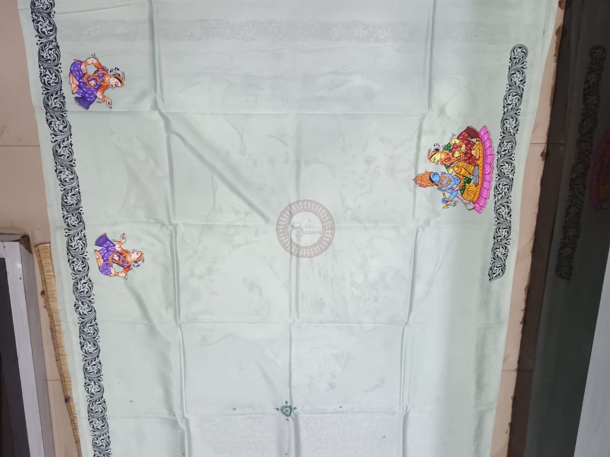 Aqua Kandarp Hasti Theme Khadi Silk Hand-Painted Pattachitra Saree | Traditional Odisha Art | Bigrayn Handloom