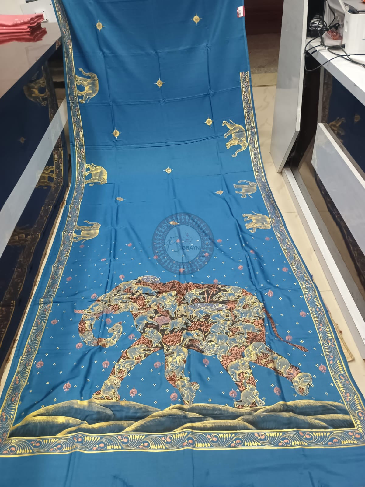 Teal Blue Kandarp Hasti Theme Khadi Silk Hand-Painted Pattachitra Saree | Traditional Odisha Art | Bigrayn Handloom