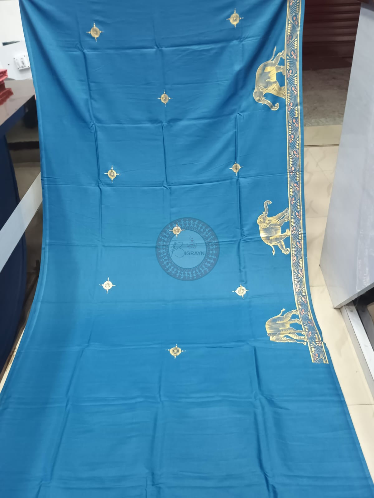 Teal Blue Kandarp Hasti Theme Khadi Silk Hand-Painted Pattachitra Saree | Traditional Odisha Art | Bigrayn Handloom