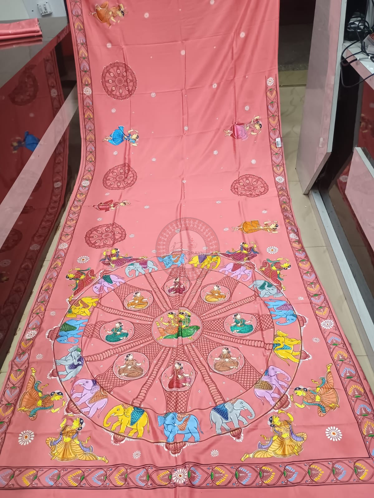 Peach Konark Wheel And Dancer Theme Khadi Silk Hand-Painted Pattachitra Saree | Traditional Odisha Art | Bigrayn Handloom