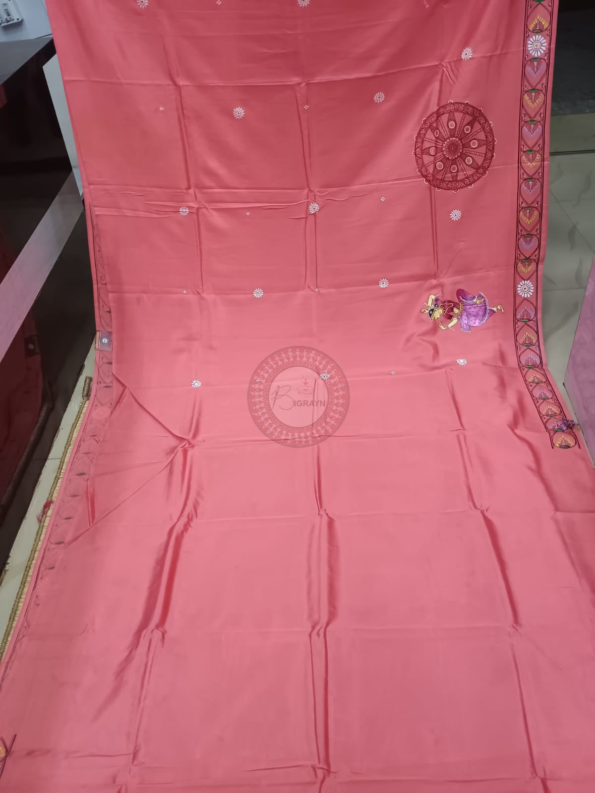 Peach Konark Wheel And Dancer Theme Khadi Silk Hand-Painted Pattachitra Saree | Traditional Odisha Art | Bigrayn Handloom