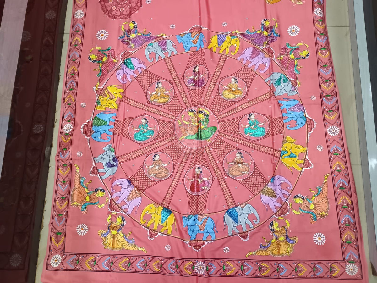 Peach Konark Wheel And Dancer Theme Khadi Silk Hand-Painted Pattachitra Saree | Traditional Odisha Art | Bigrayn Handloom
