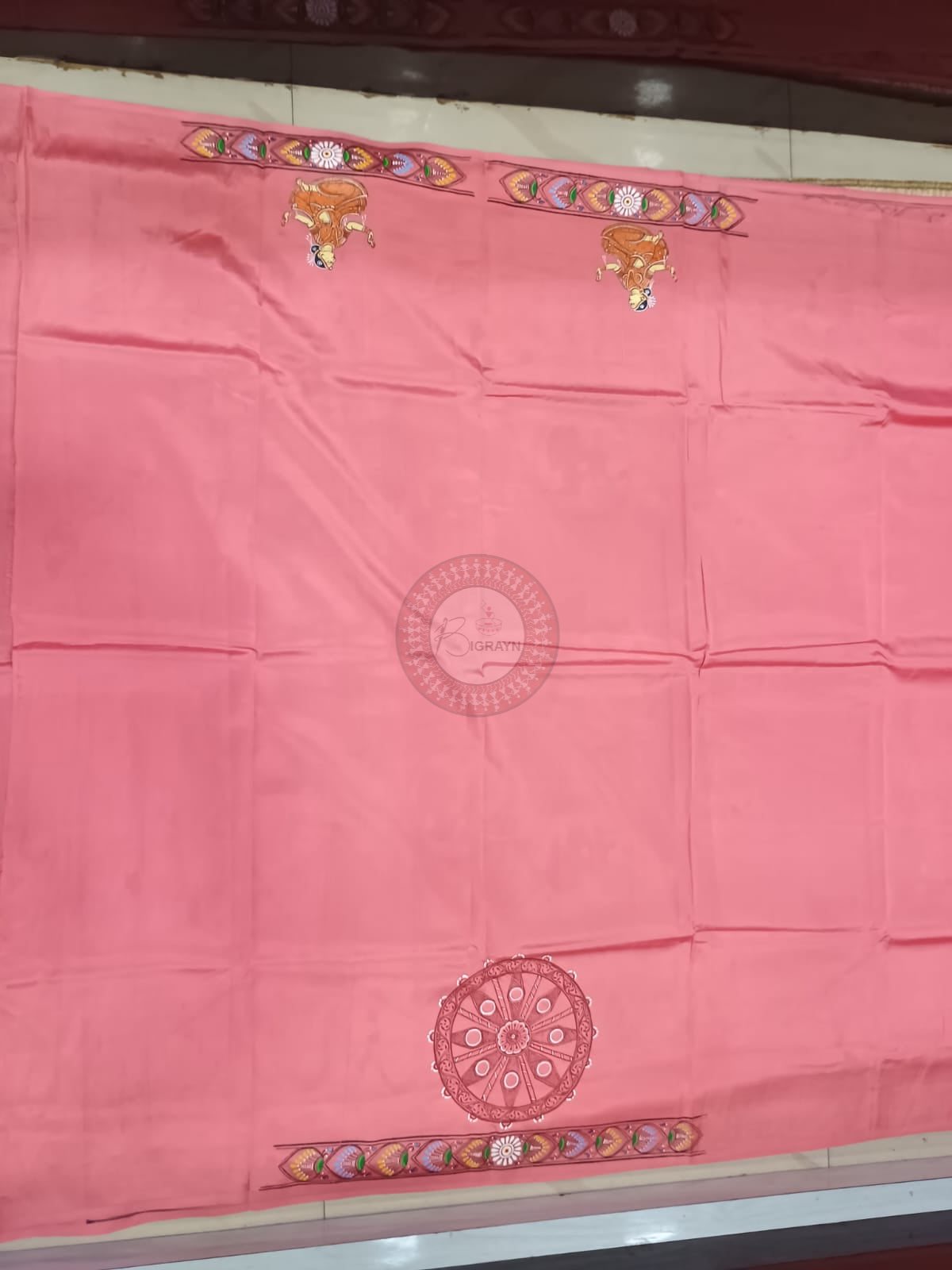 Peach Konark Wheel And Dancer Theme Khadi Silk Hand-Painted Pattachitra Saree | Traditional Odisha Art | Bigrayn Handloom