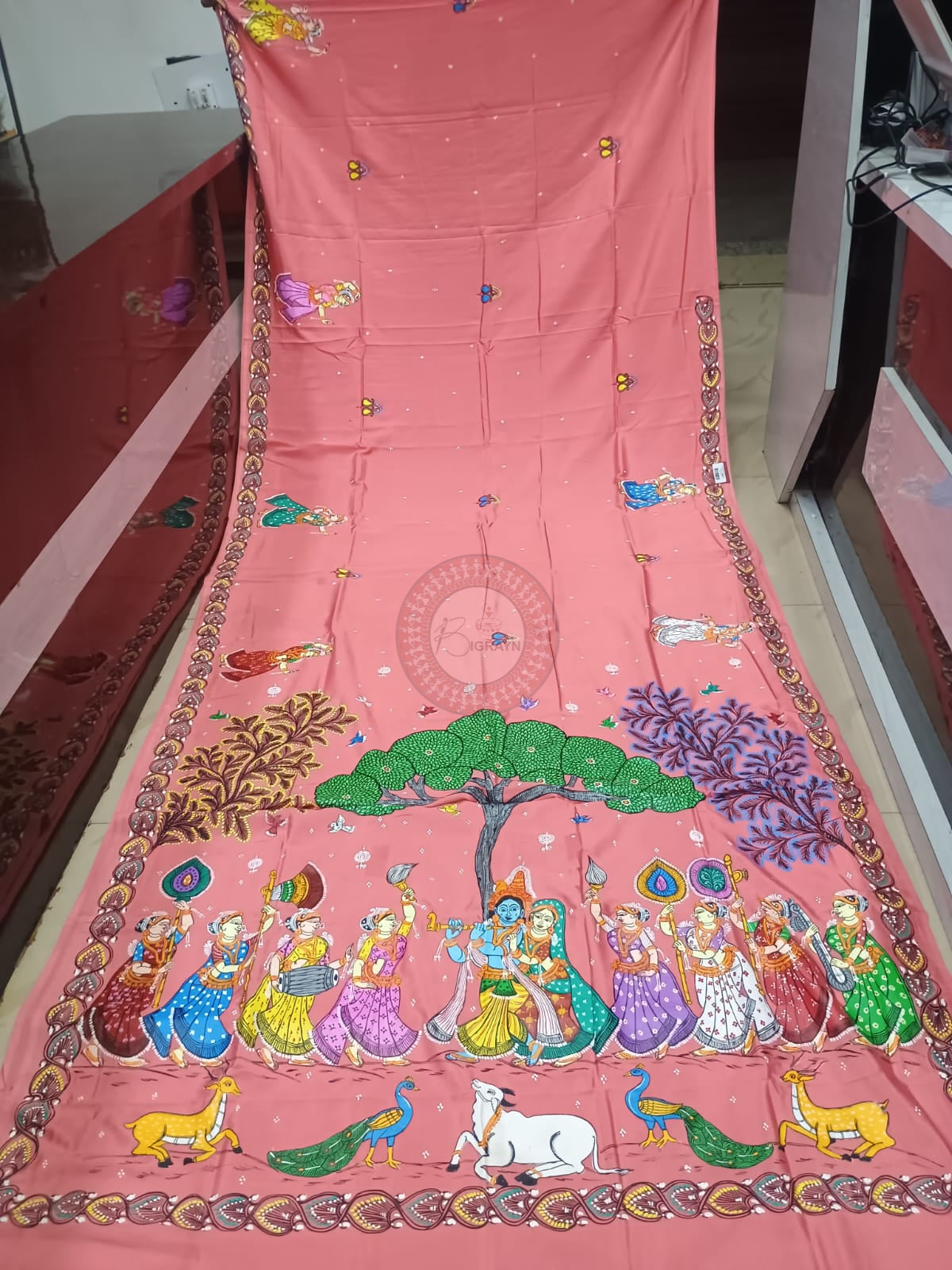 Peach Radha Krishna Rasa Theme Khadi Silk Hand-Painted Pattachitra Saree | Traditional Odisha Art | Bigrayn Handloom