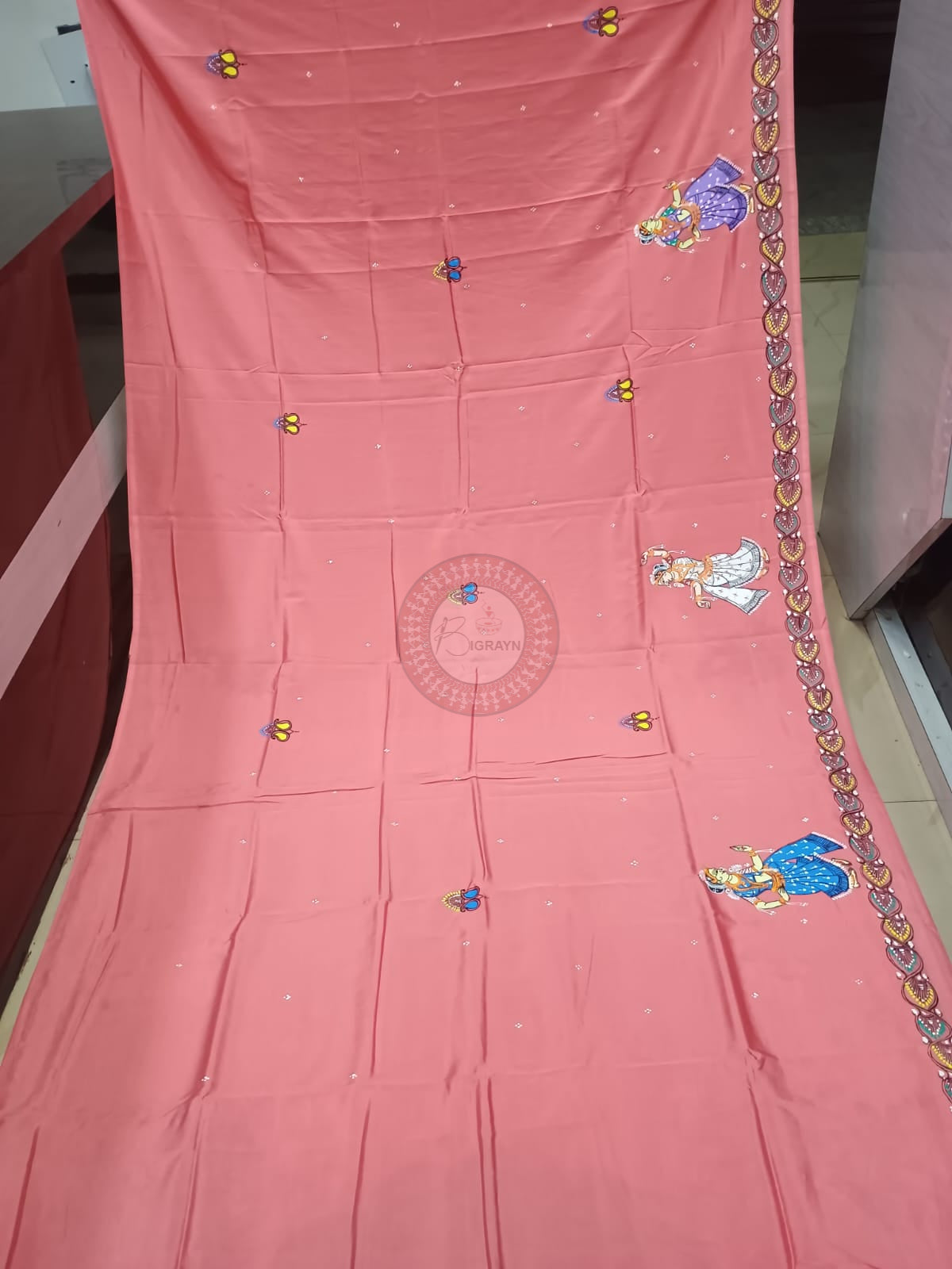 Peach Radha Krishna Rasa Theme Khadi Silk Hand-Painted Pattachitra Saree | Traditional Odisha Art | Bigrayn Handloom