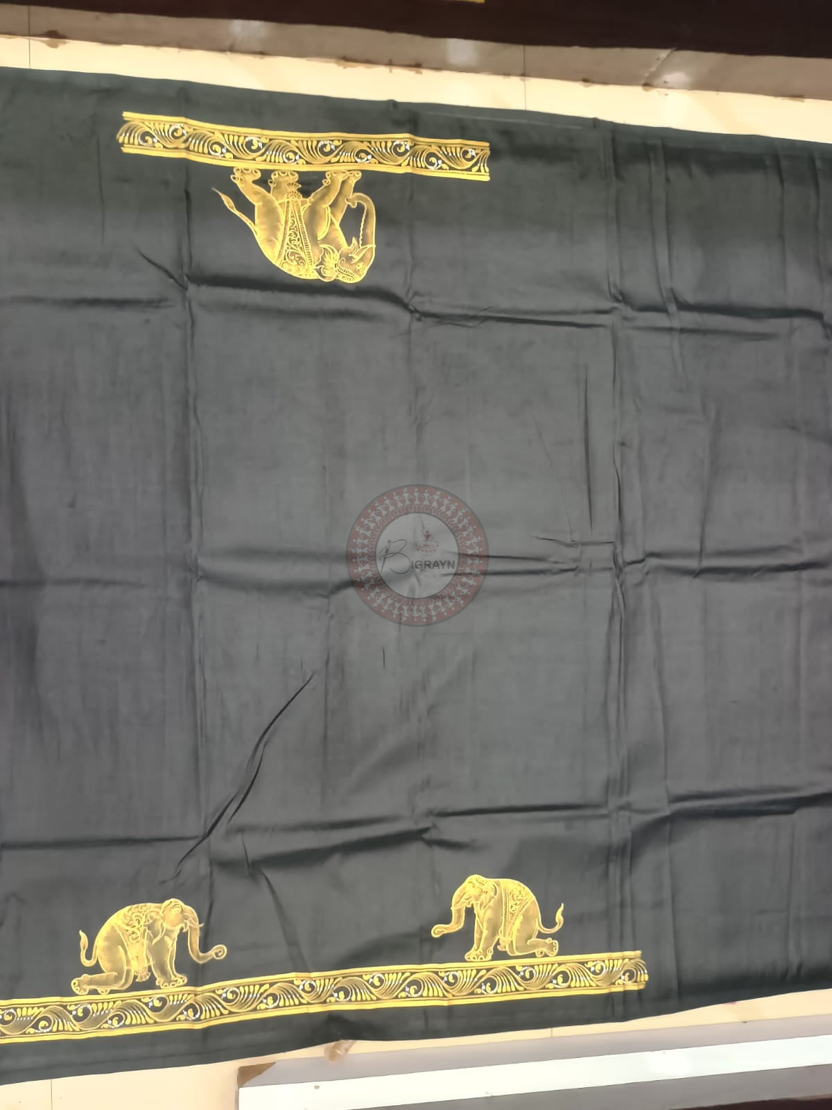 Black Kandarp Hasti Theme Khadi Silk Hand-Painted Pattachitra Saree | Traditional Odisha Art | Bigrayn Handloom