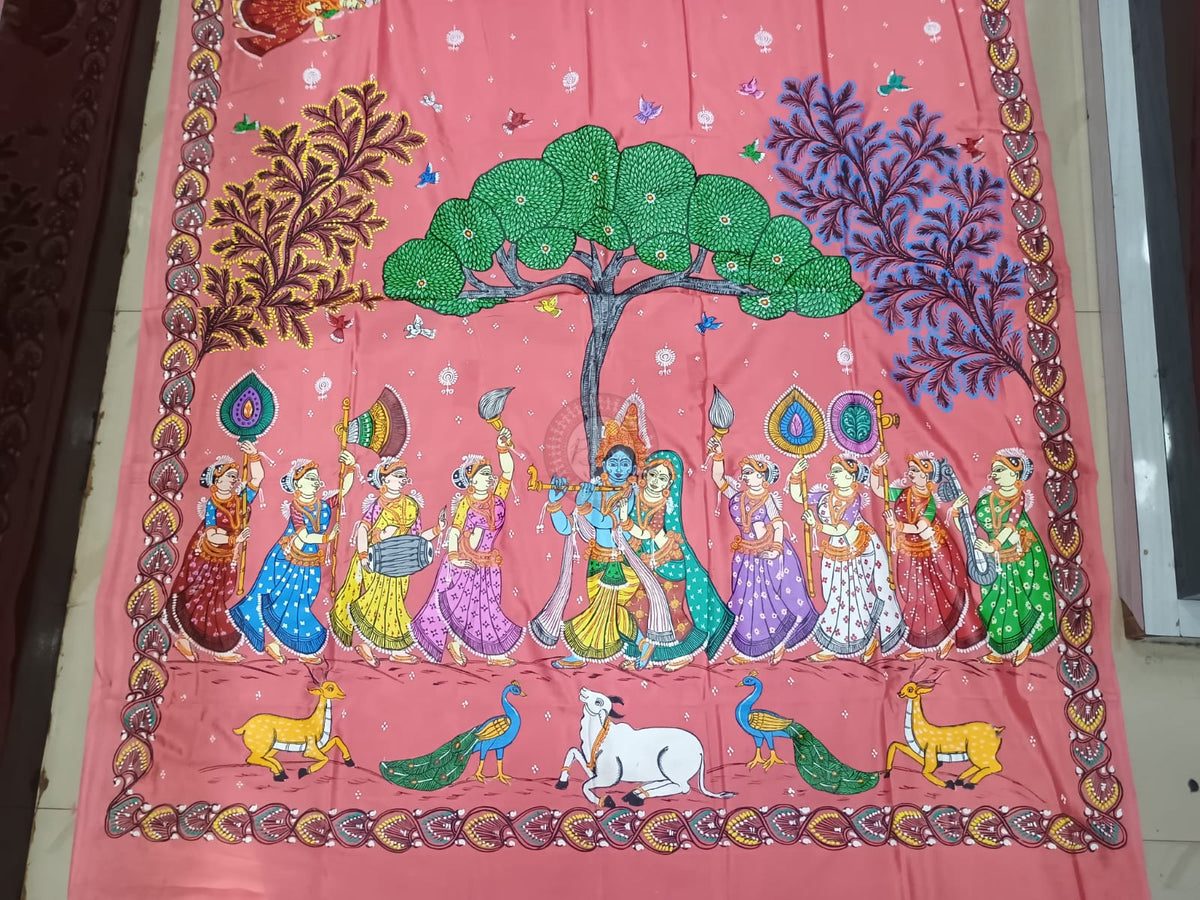 Peach Radha Krishna Rasa Theme Khadi Silk Hand-Painted Pattachitra Saree | Traditional Odisha Art | Bigrayn Handloom