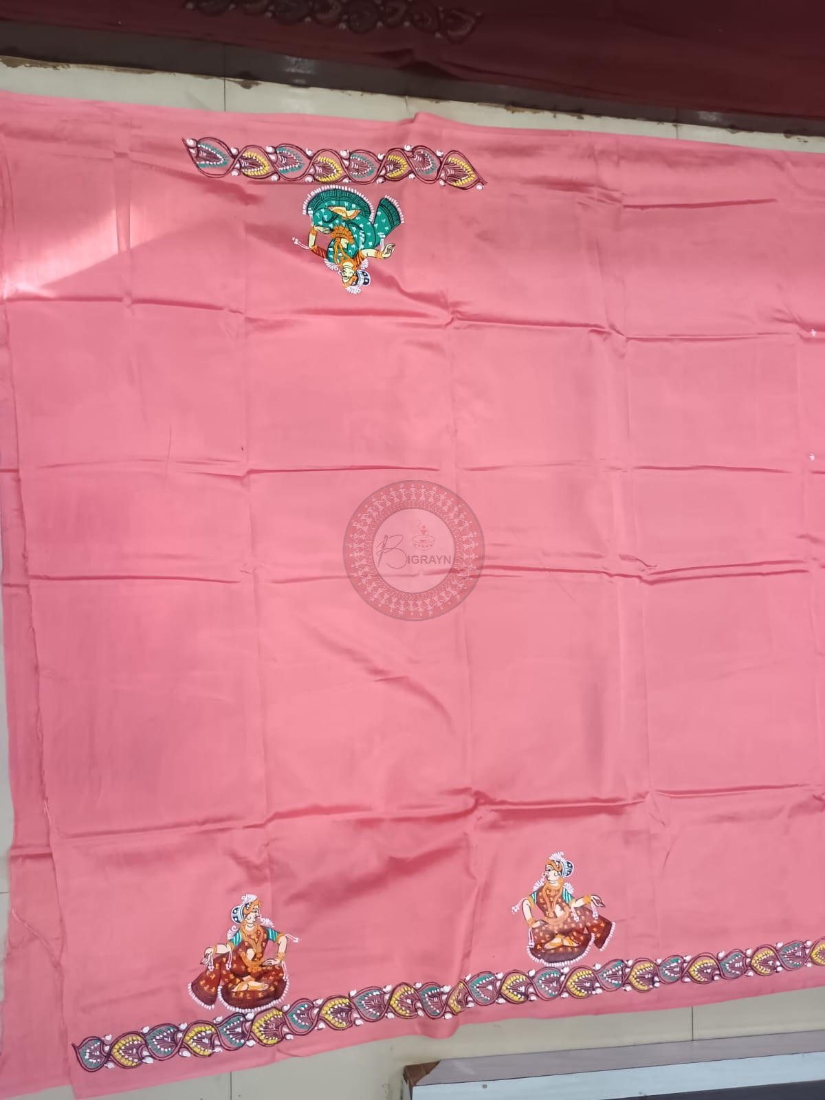 Peach Radha Krishna Rasa Theme Khadi Silk Hand-Painted Pattachitra Saree | Traditional Odisha Art | Bigrayn Handloom