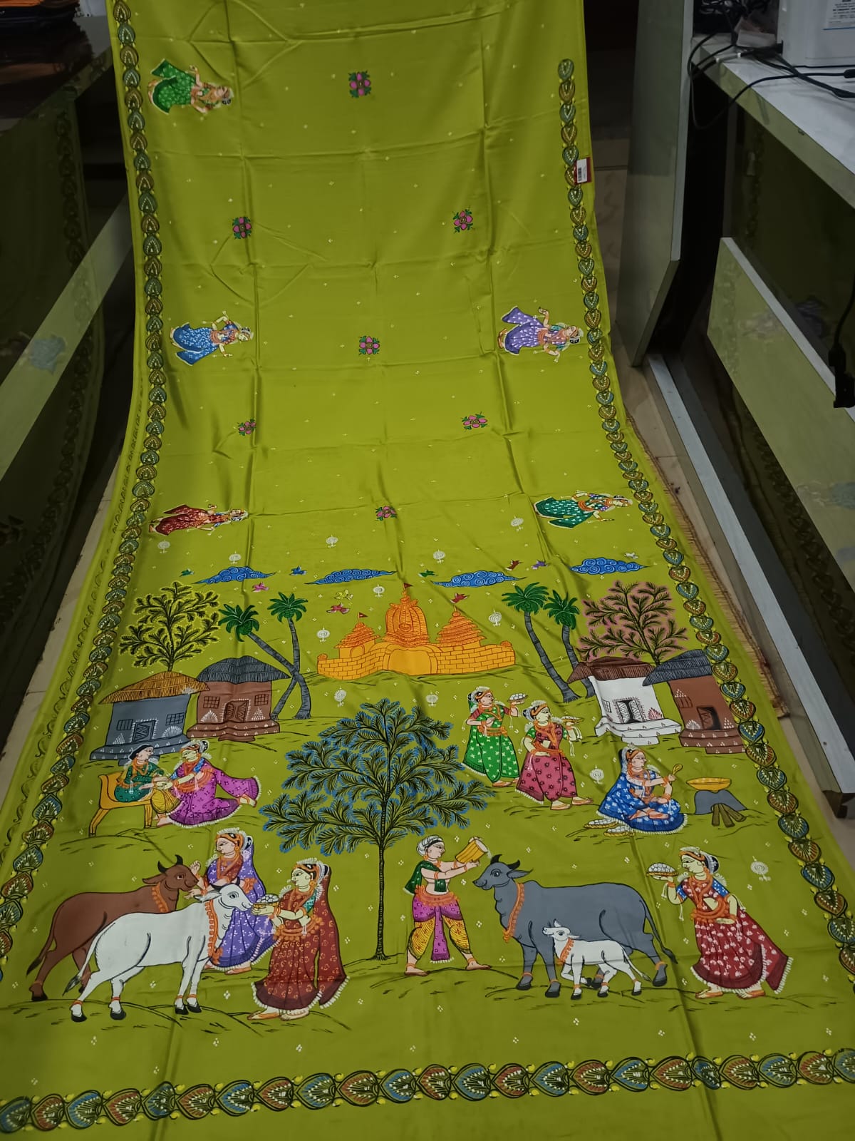 Neon Green Raksha Bandhan Theme Khadi Silk Hand-Painted Pattachitra Saree | Traditional Odisha Art | Bigrayn Handloom
