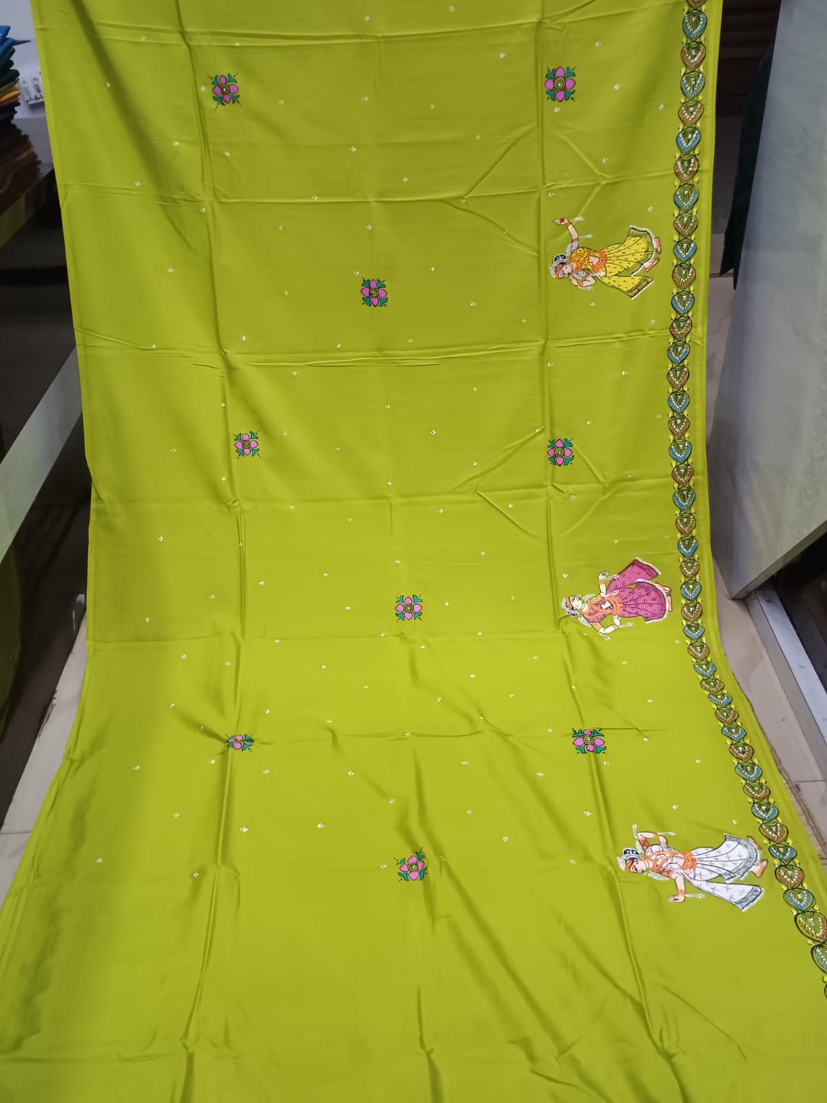 Neon Green Raksha Bandhan Theme Khadi Silk Hand-Painted Pattachitra Saree | Traditional Odisha Art | Bigrayn Handloom