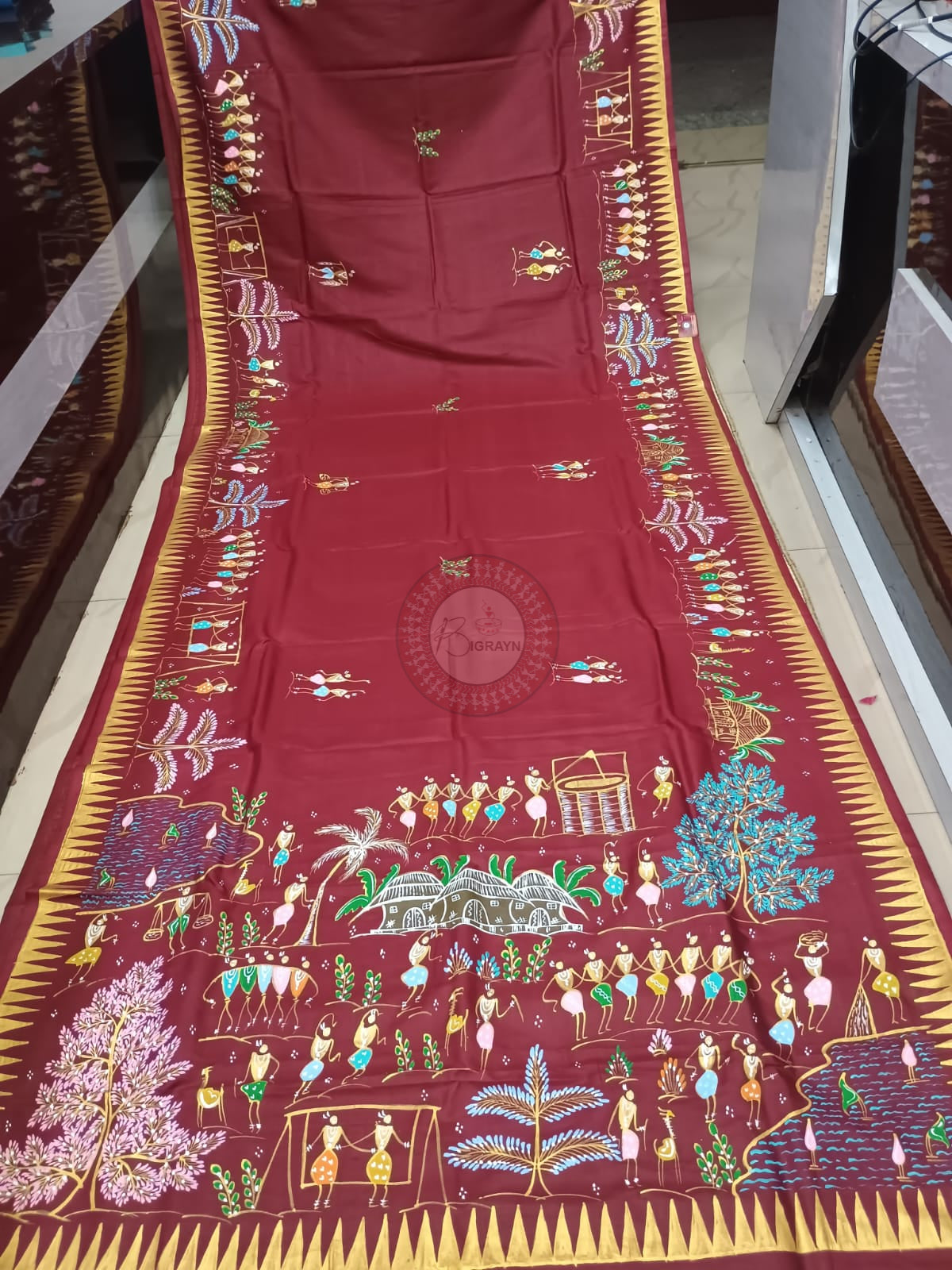 Maroon Tribal Family Theme Khadi Silk Hand-Painted Pattachitra Saree | Traditional Odisha Art | Bigrayn Handloom