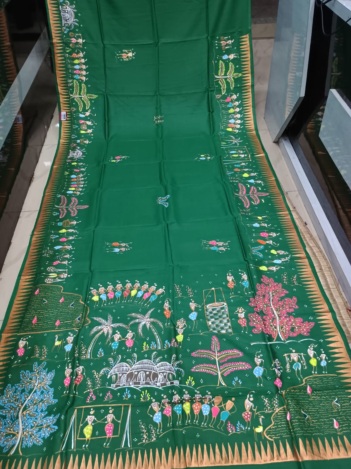 Green Tribal Family Theme Khadi Silk Hand-Painted Pattachitra Saree | Traditional Odisha Art | Bigrayn Handloom