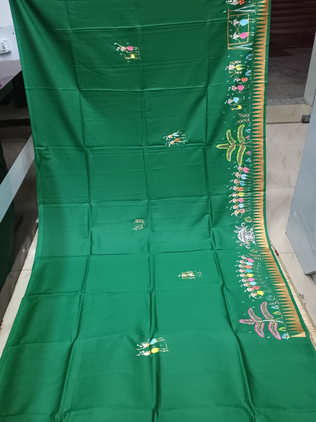 Green Tribal Family Theme Khadi Silk Hand-Painted Pattachitra Saree | Traditional Odisha Art | Bigrayn Handloom