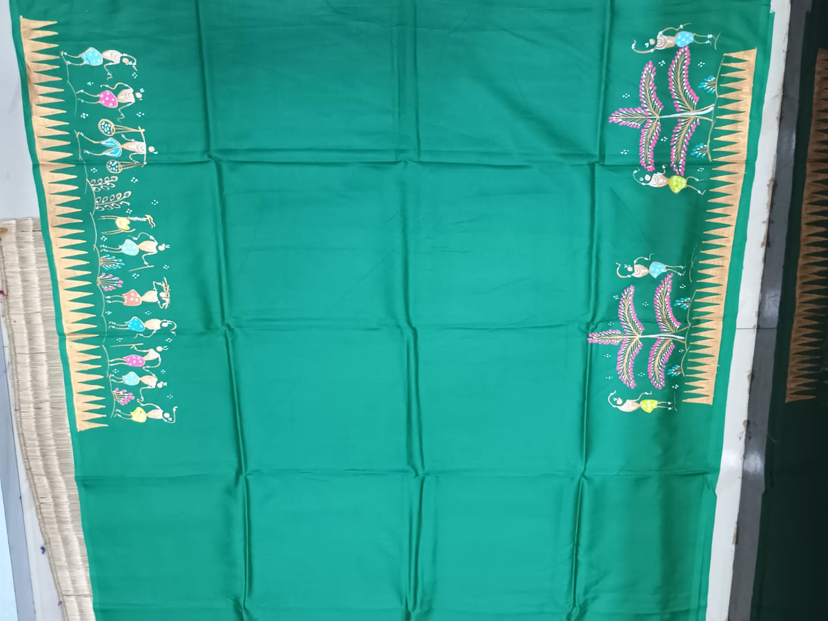 Green Tribal Family Theme Khadi Silk Hand-Painted Pattachitra Saree | Traditional Odisha Art | Bigrayn Handloom