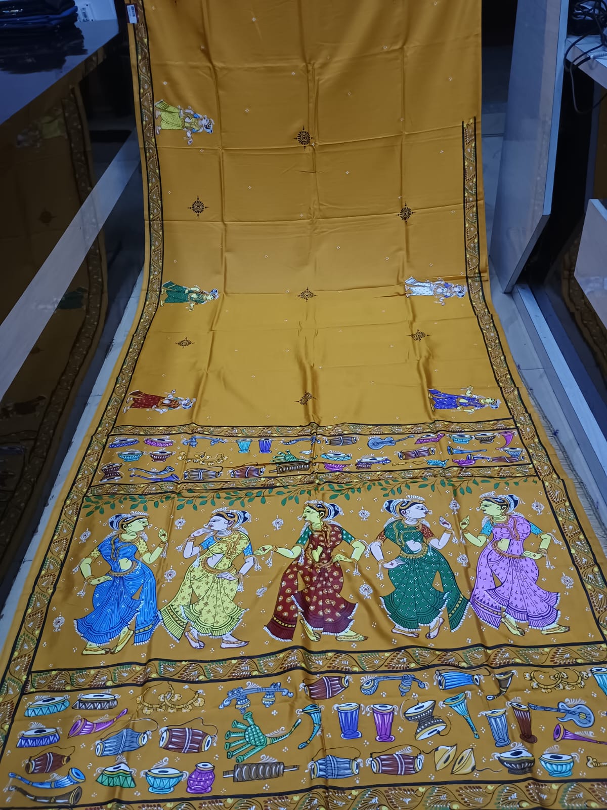 Mustard Yellow Dancer And Musical Instrument Theme Khadi Silk Hand-Painted Pattachitra Saree | Traditional Odisha Art | Bigrayn Handloom