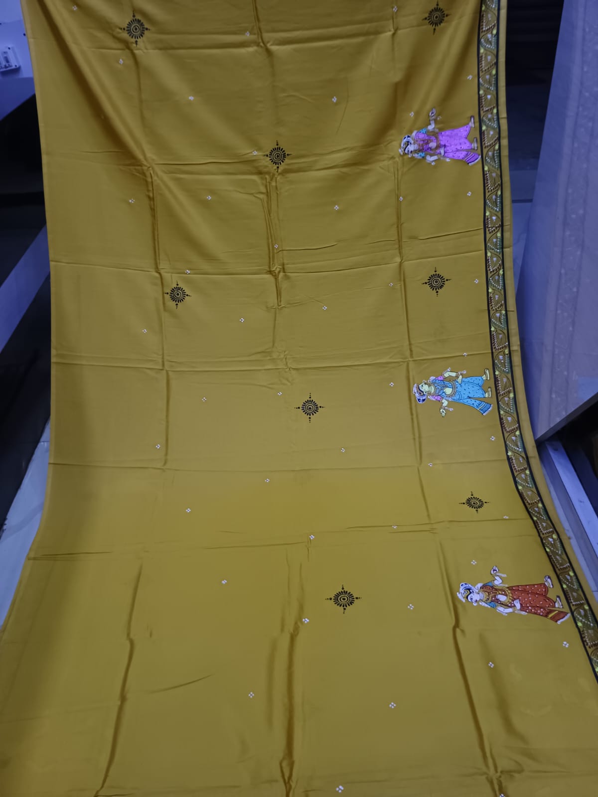 Mustard Yellow Dancer And Musical Instrument Theme Khadi Silk Hand-Painted Pattachitra Saree | Traditional Odisha Art | Bigrayn Handloom