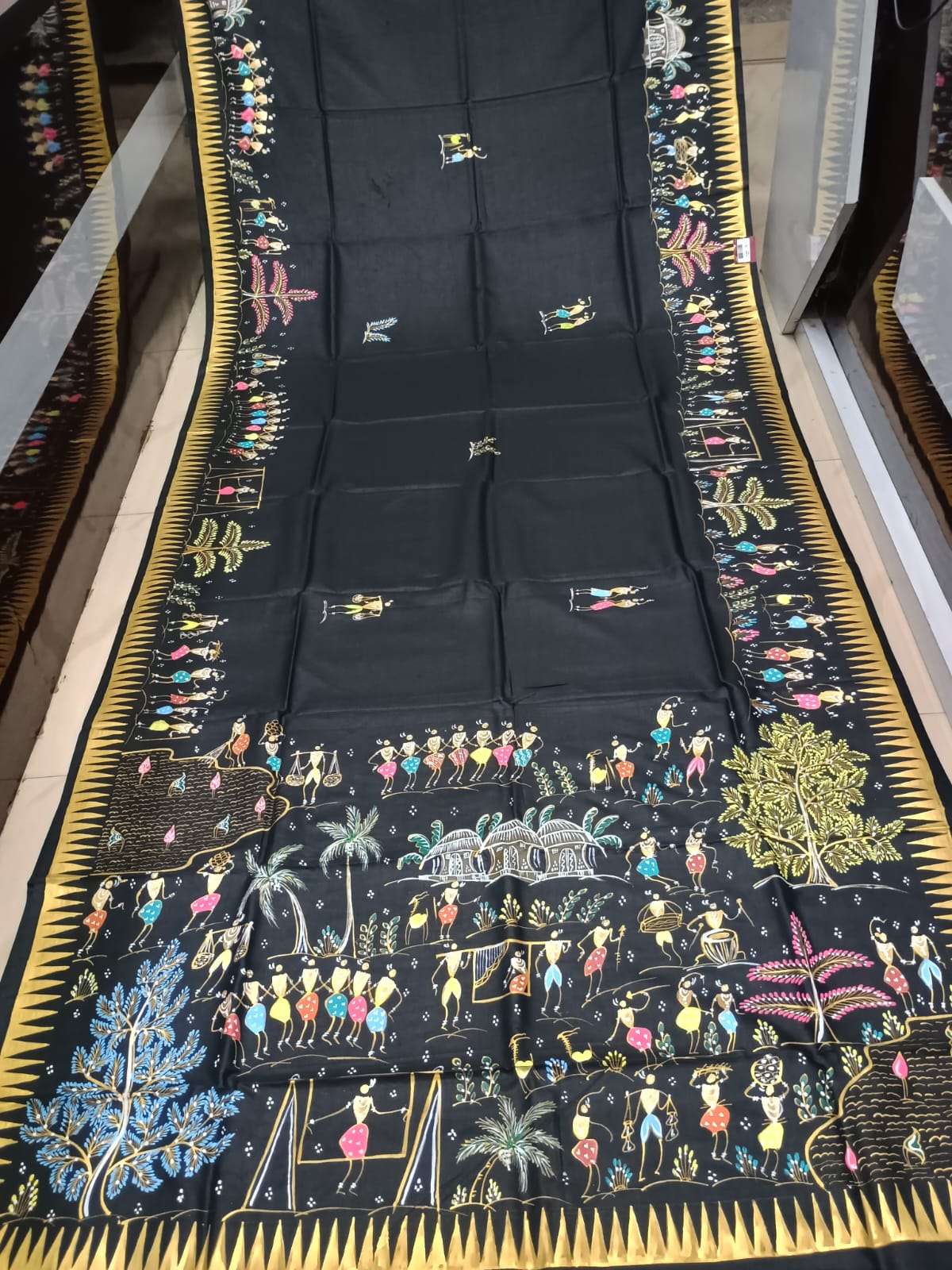 Black Tribal Family Theme Khadi Silk Hand-Painted Pattachitra Saree | Traditional Odisha Art | Bigrayn Handloom