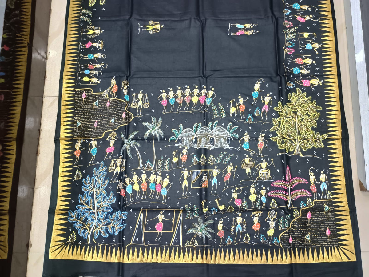 Black Tribal Family Theme Khadi Silk Hand-Painted Pattachitra Saree | Traditional Odisha Art | Bigrayn Handloom