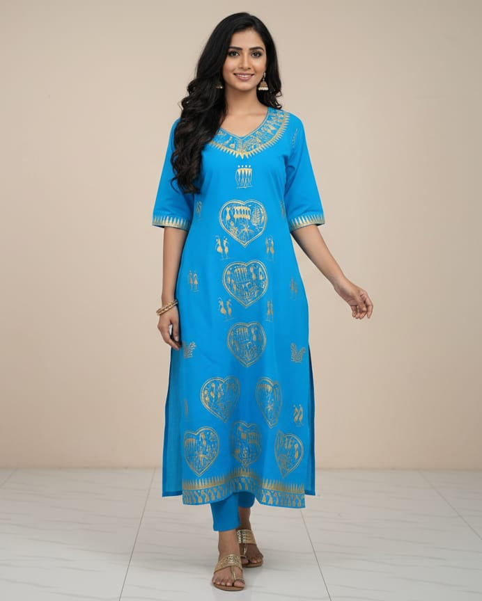 Copper Sulphate Tribal Art Hand Painted Cotton Pattachitra Kurti