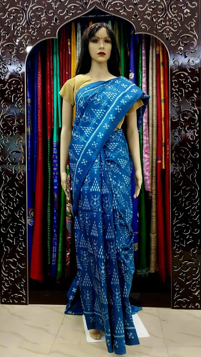 Blue Tribal &amp; Chita Mulberry Silk Saree