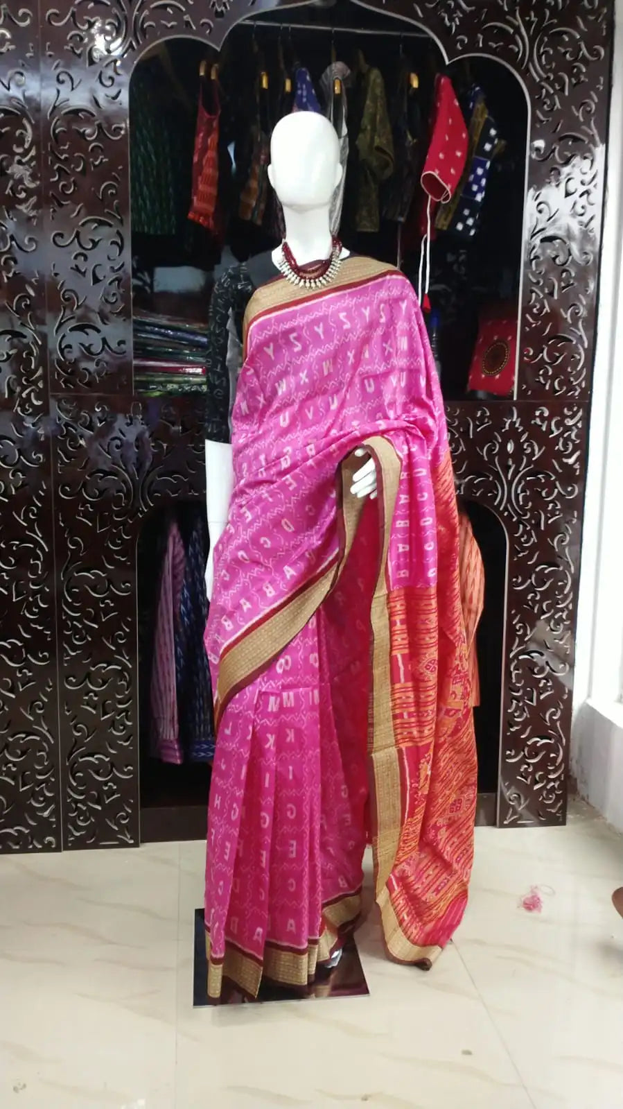 Pink English Alphabet Mulberry Silk Saree