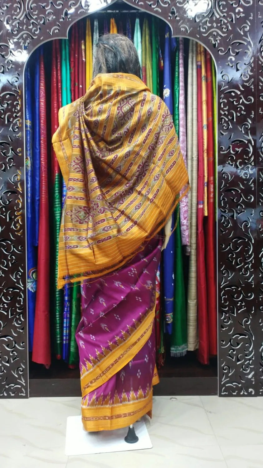 Magenta Yellow Mayurachandrika Khandua Silk Saree
