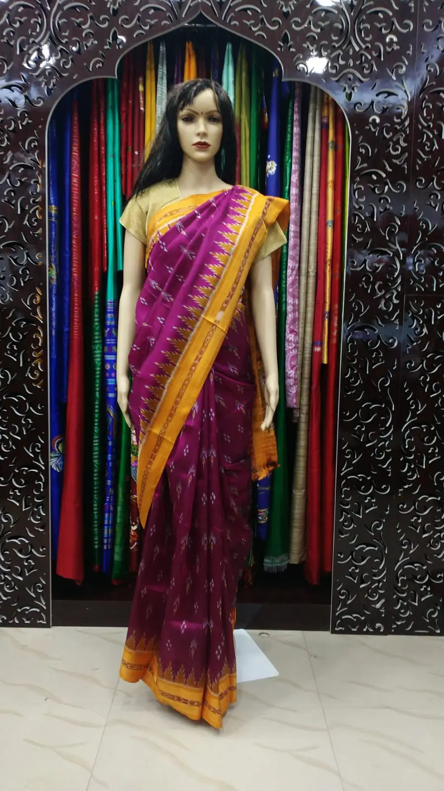 Magenta Yellow Mayurachandrika Khandua Silk Saree
