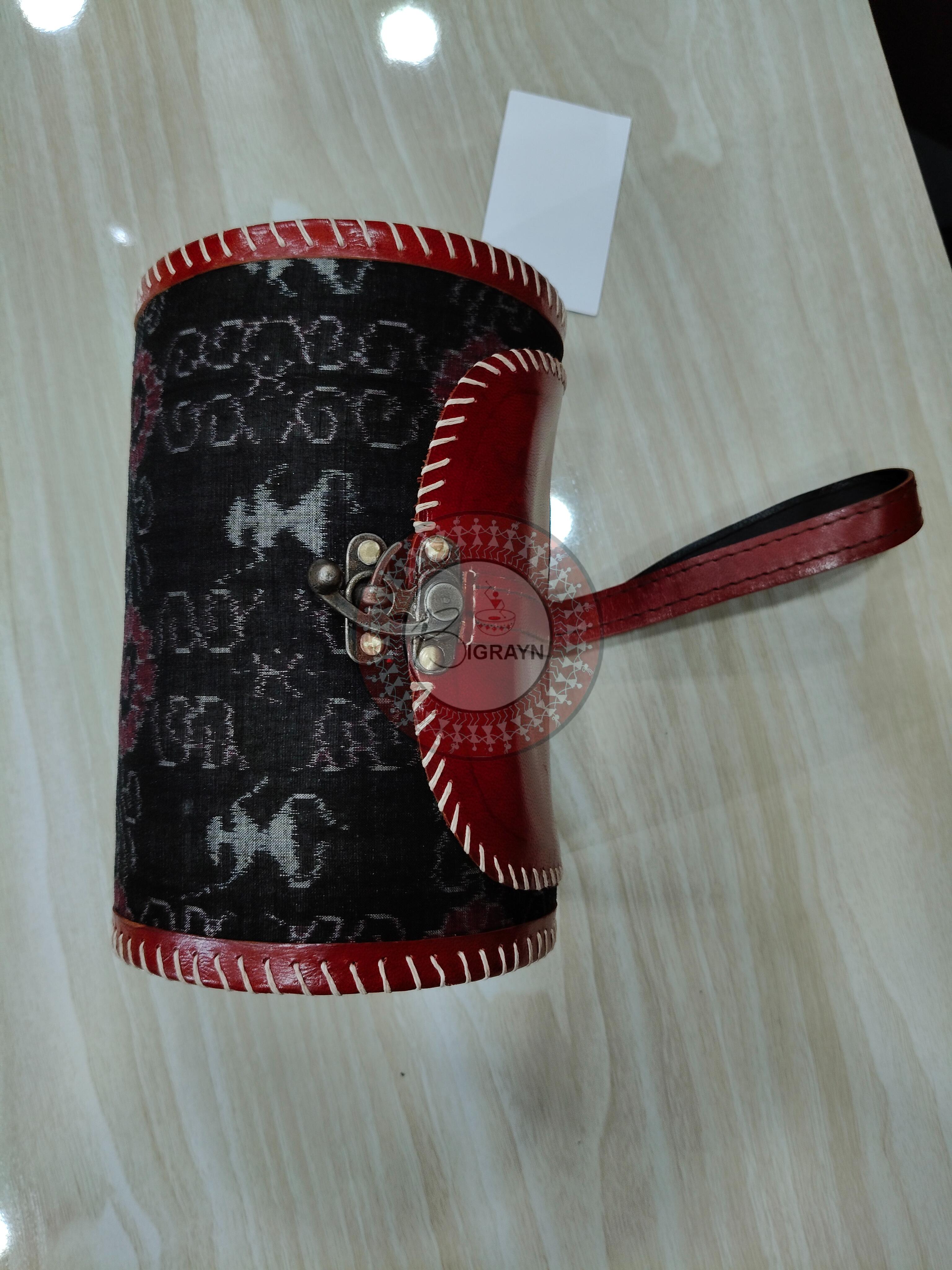 Black Tribal Dholki Round Leather Bags