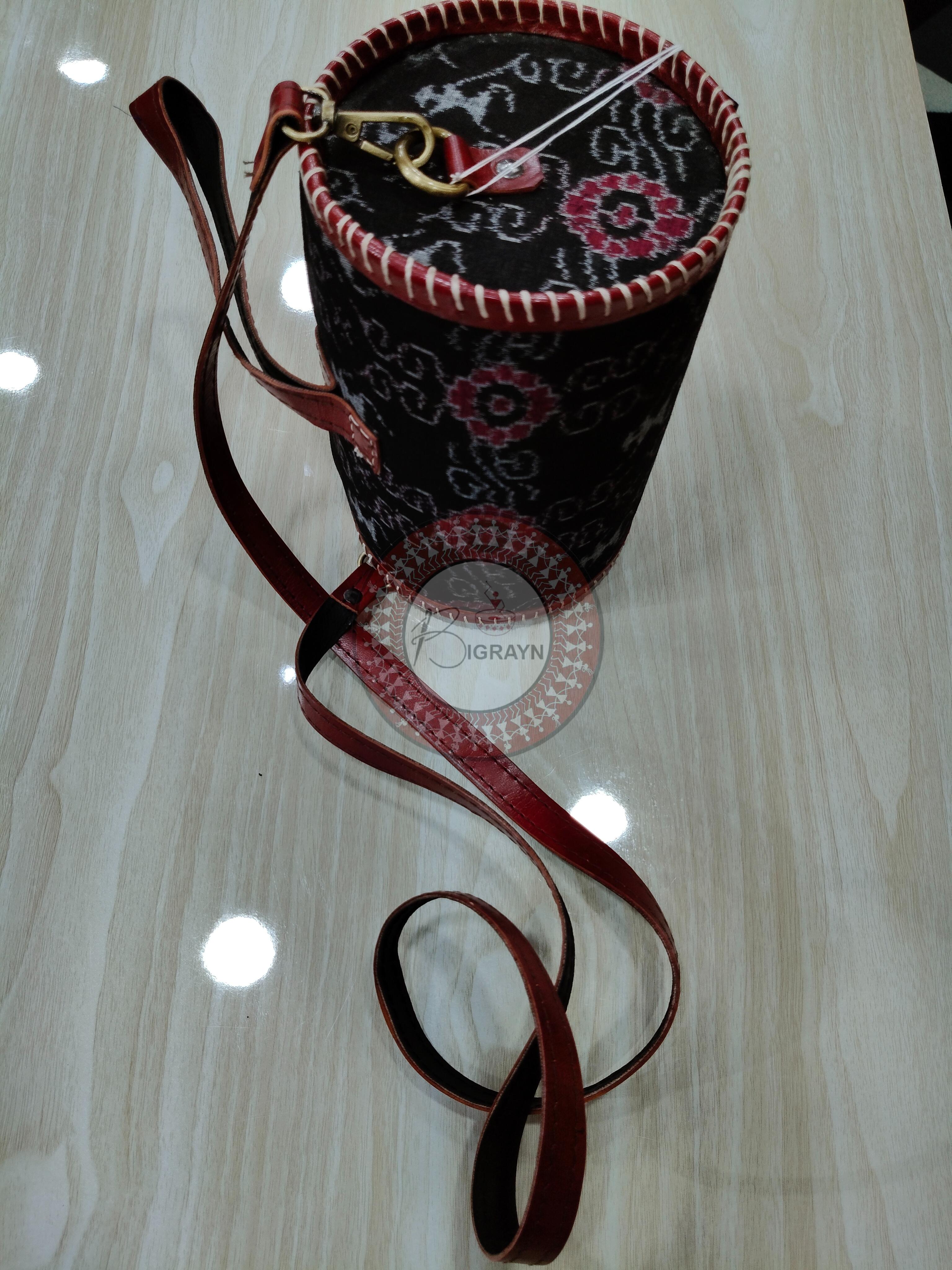 Black Tribal Dholki Round Leather Bags
