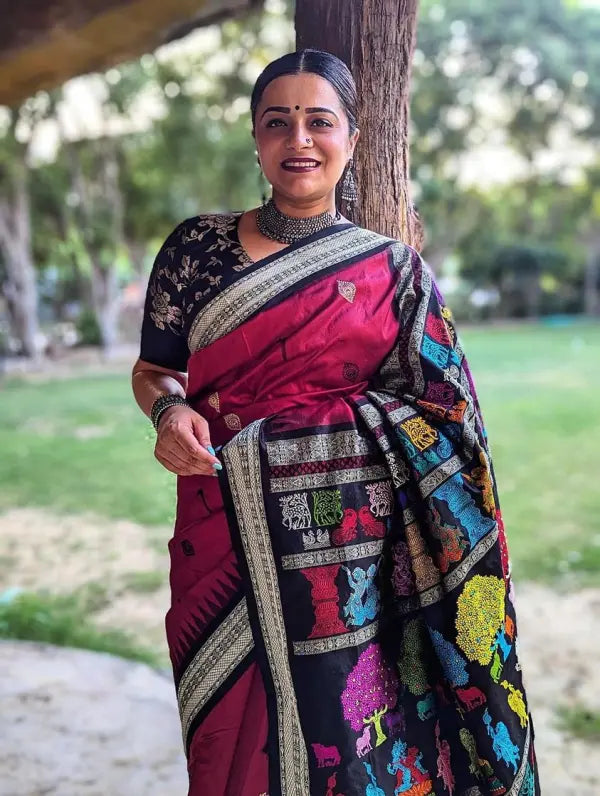 Maroon Black Rasleela Exclusive Sambalpuri Silk Saree