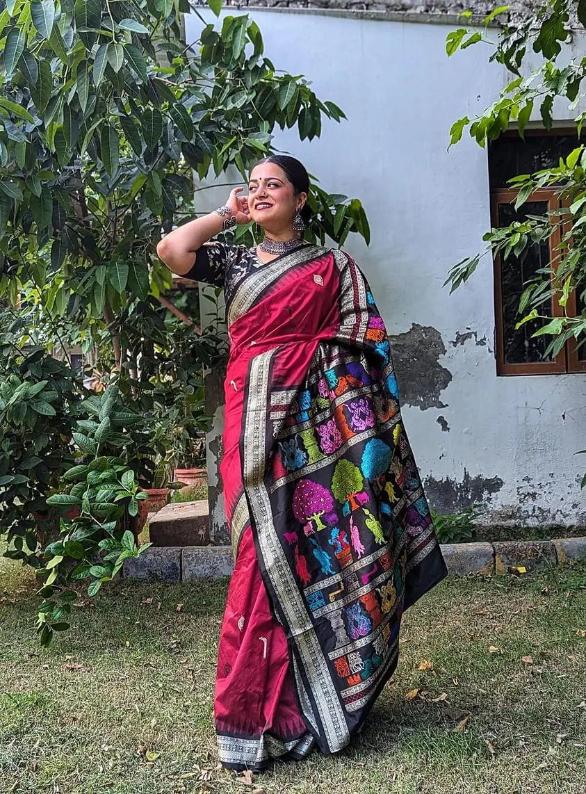 Maroon Black Rasleela Exclusive Sambalpuri Silk Saree