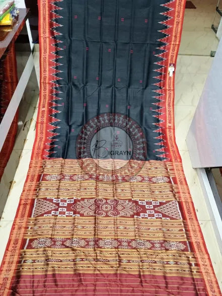 Black Maroon Buti Kumbha Khandua Silk Saree