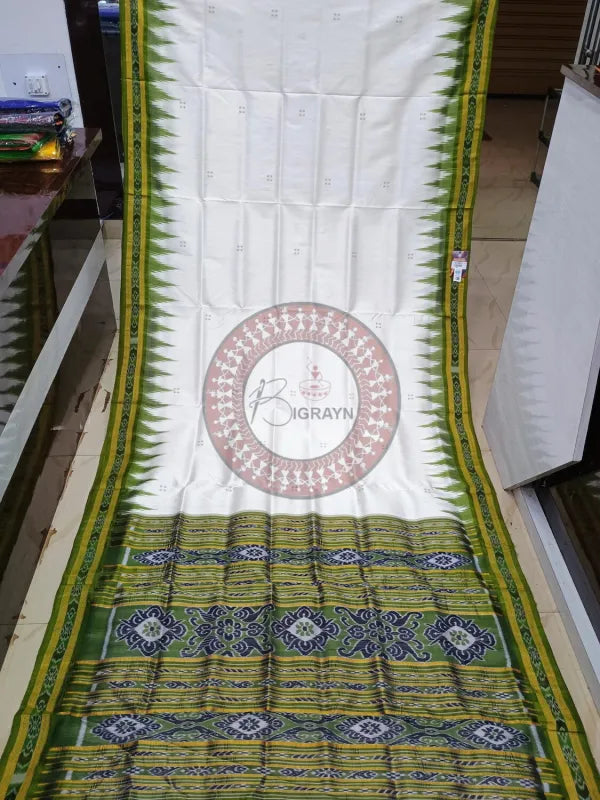 White Mehendi Green Buti Kumbha Khandua Silk Saree