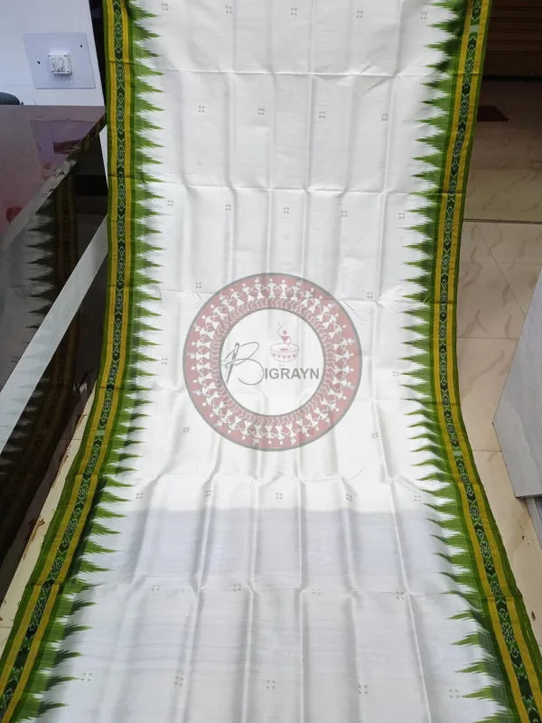 White Mehendi Green Buti Kumbha Khandua Silk Saree