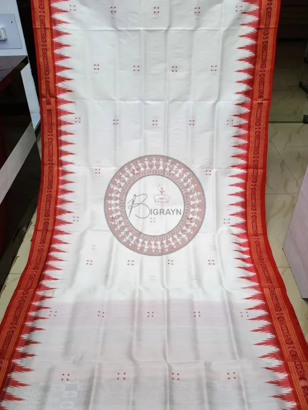 White Red Buti Kumbha Khandua Silk Saree