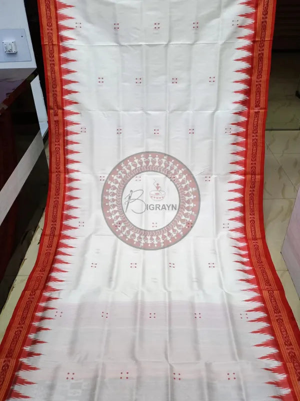 White Red Buti Kumbha Khandua Silk Saree