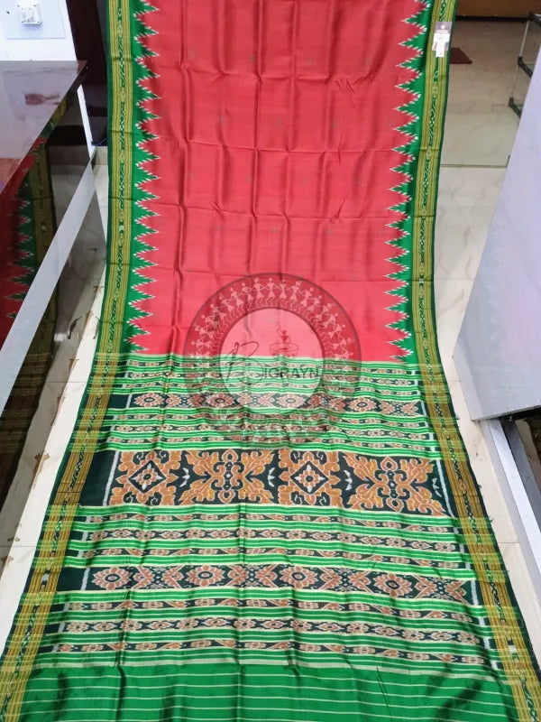 Red Green Buti Kumbha Khandua Silk Saree