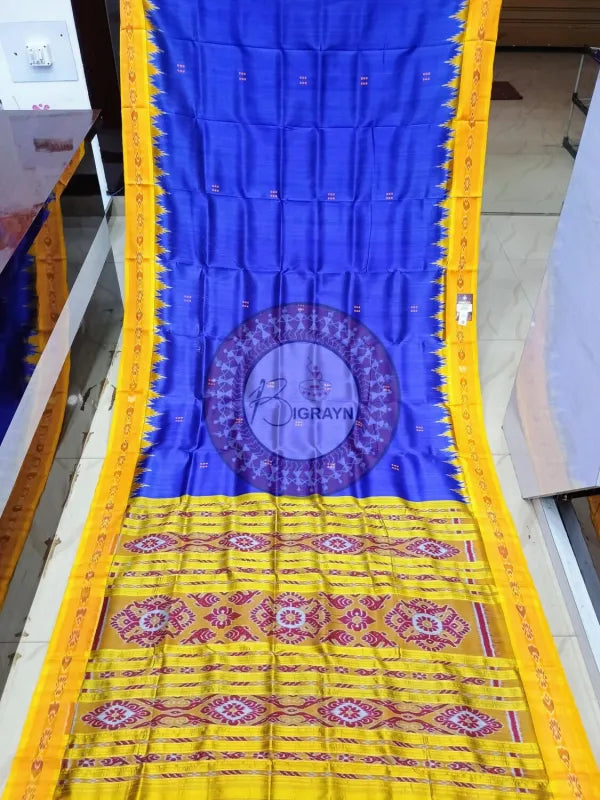 Blue Yellow Buti Kumbha Khandua Silk Saree