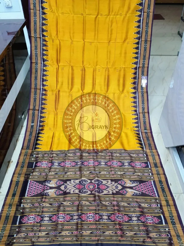 Mustard Yellow Coffee Buti Kumbha Khandua Silk Saree