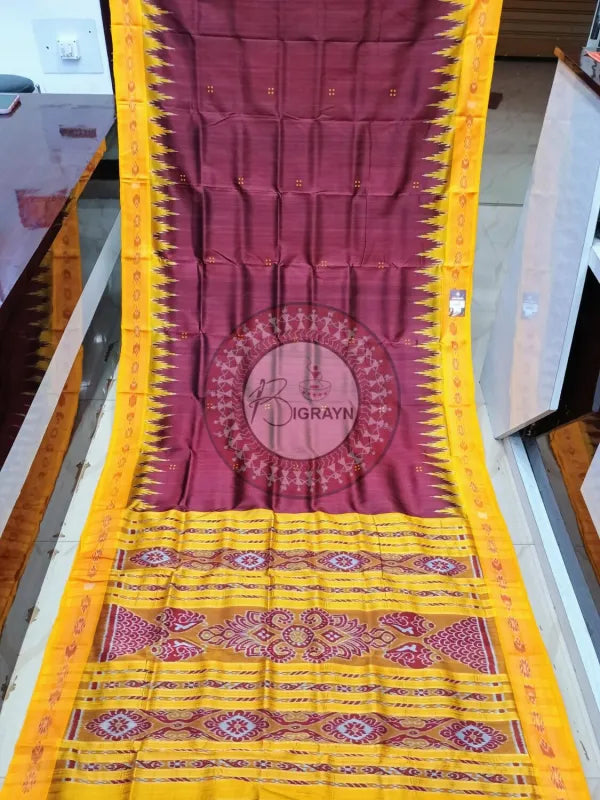 Maroon Yellow Buti Kumbha Khandua Silk Saree