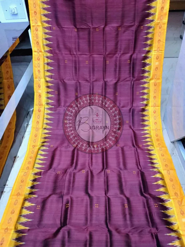 Maroon Yellow Buti Kumbha Khandua Silk Saree