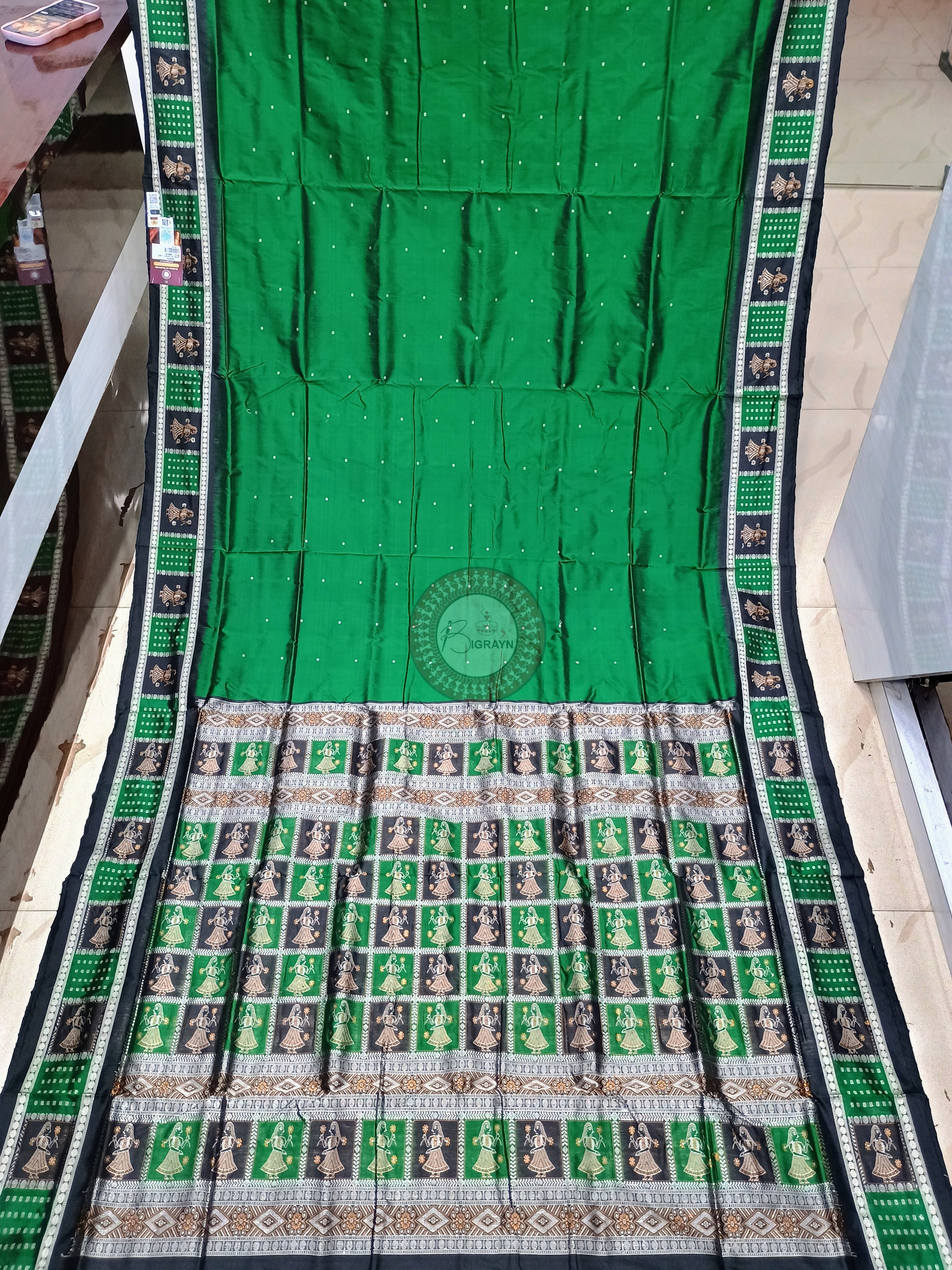 Green Black Doll Border And Doll Anchal Bomkai Silk Saree