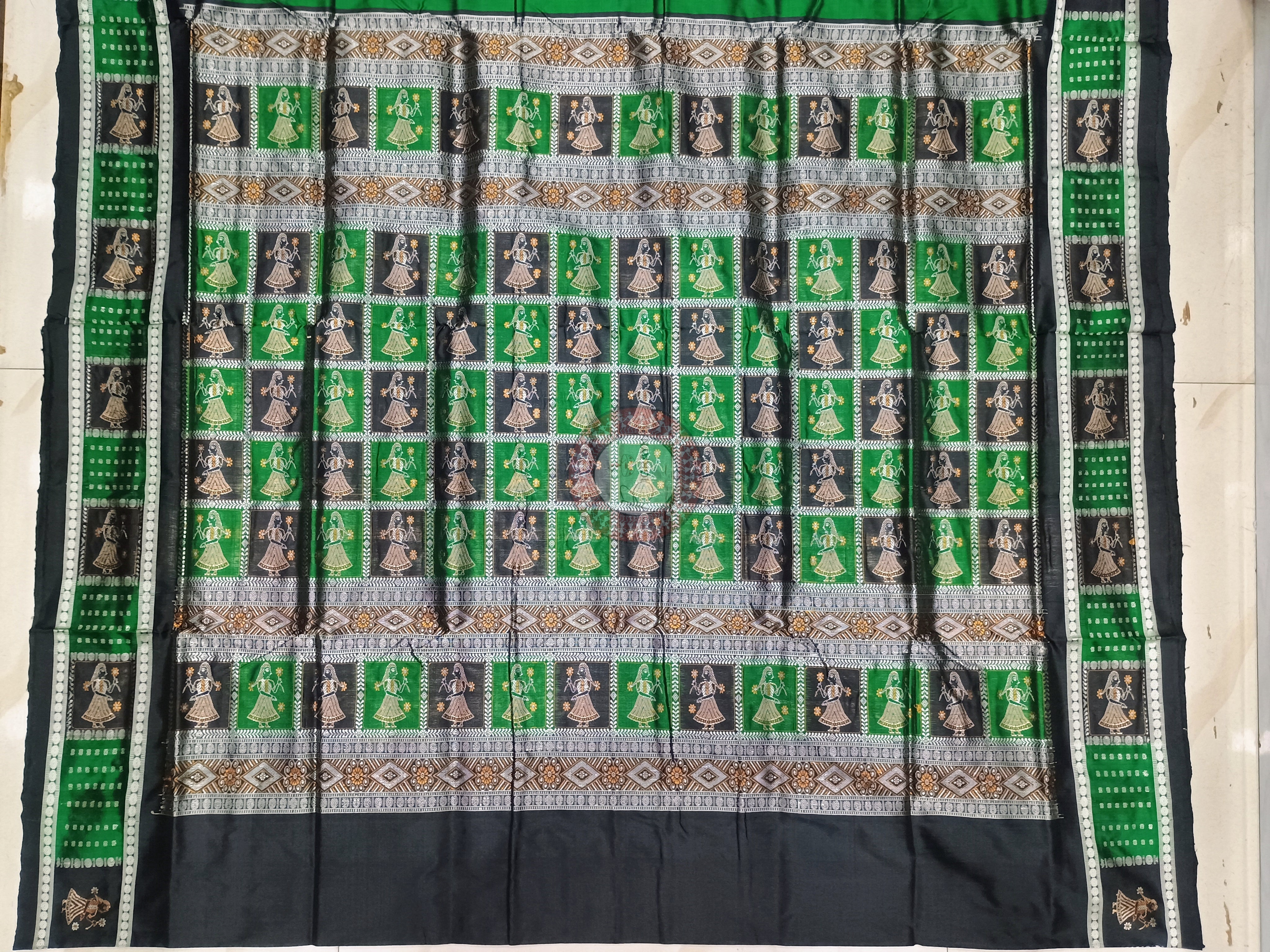 Green Black Doll Border And Doll Anchal Bomkai Silk Saree