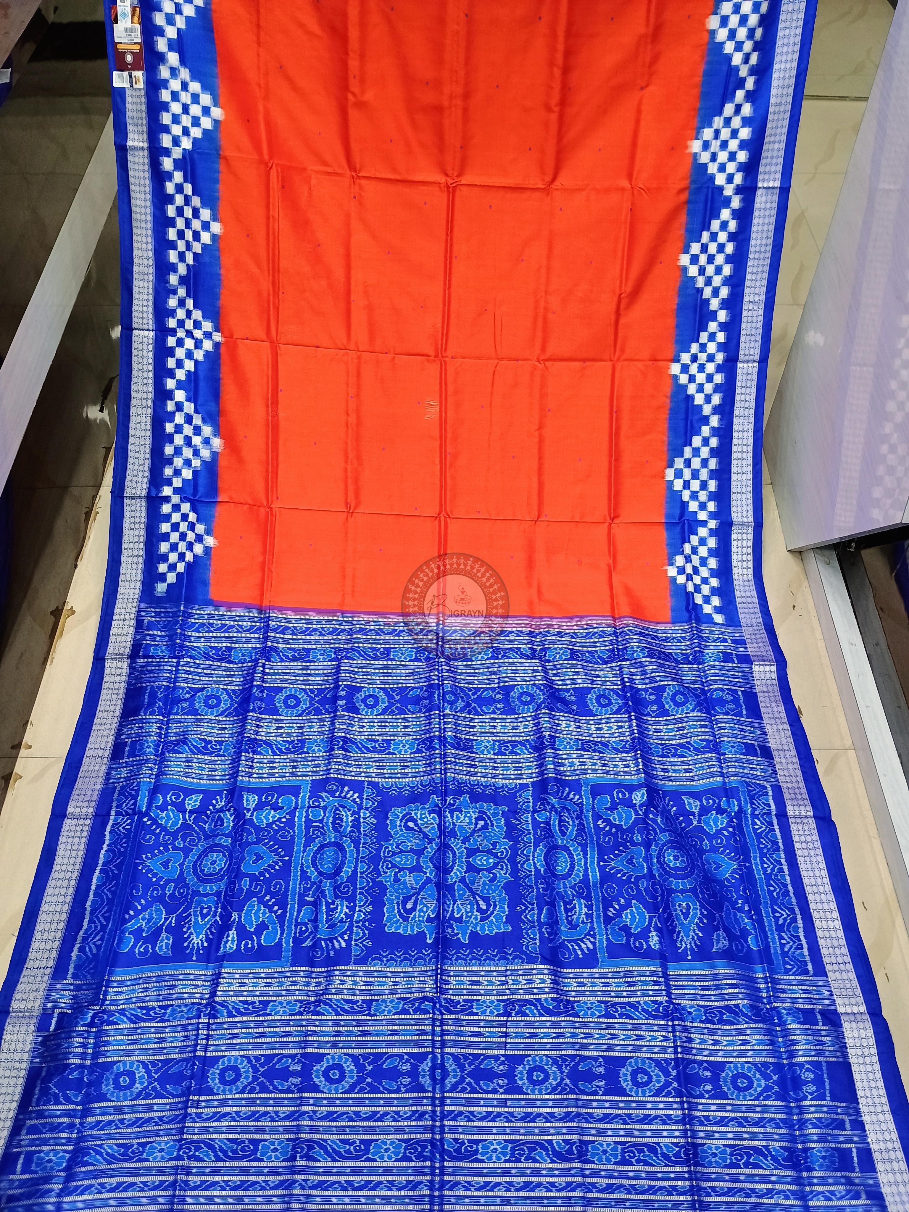 Orangee Blue Scot Pasapali Border Odisha Handloom Bomkai SIlk Saree