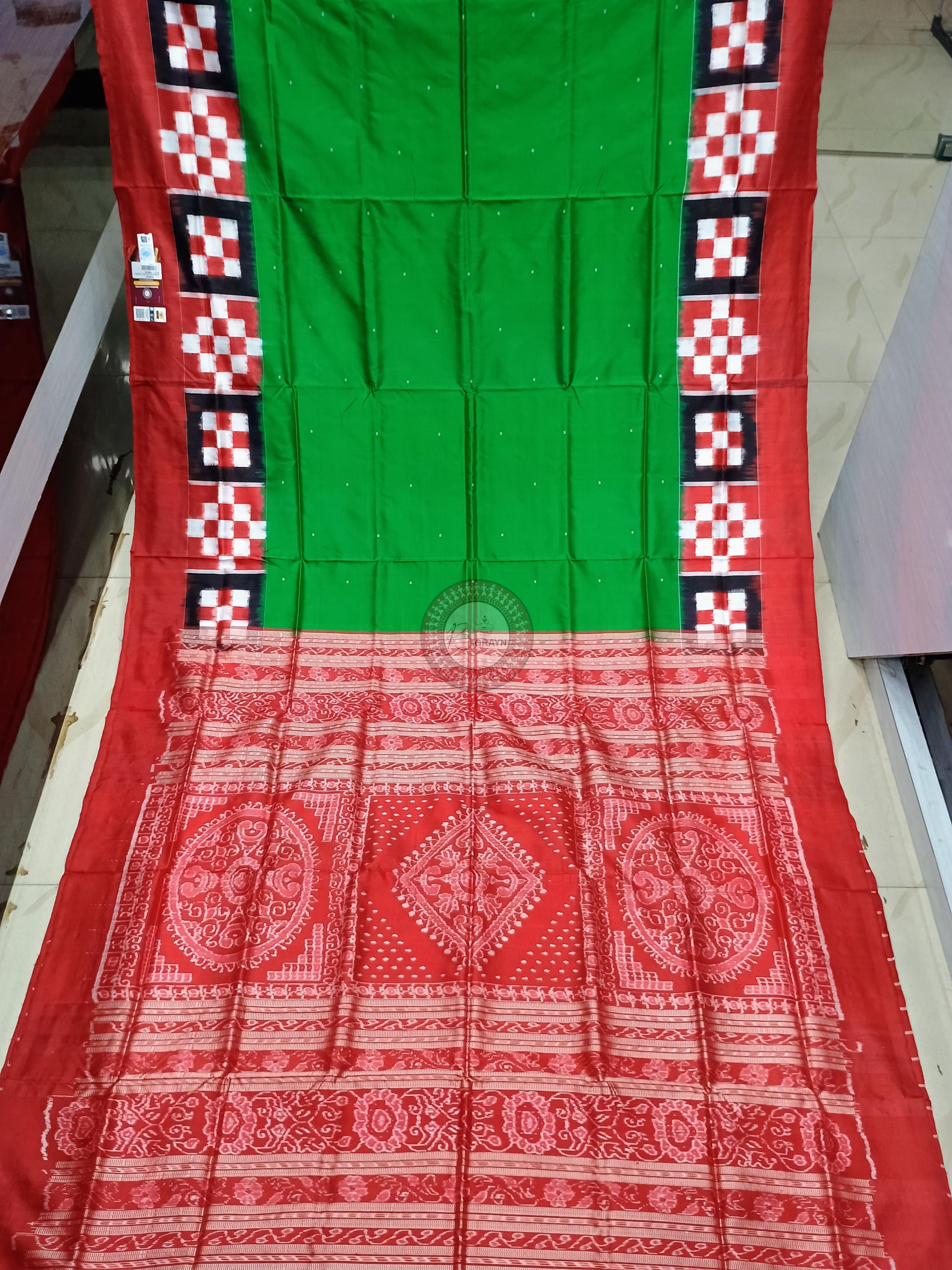 Green Red Scot Pasapali Odisha Handloom Bomkai SIlk Saree