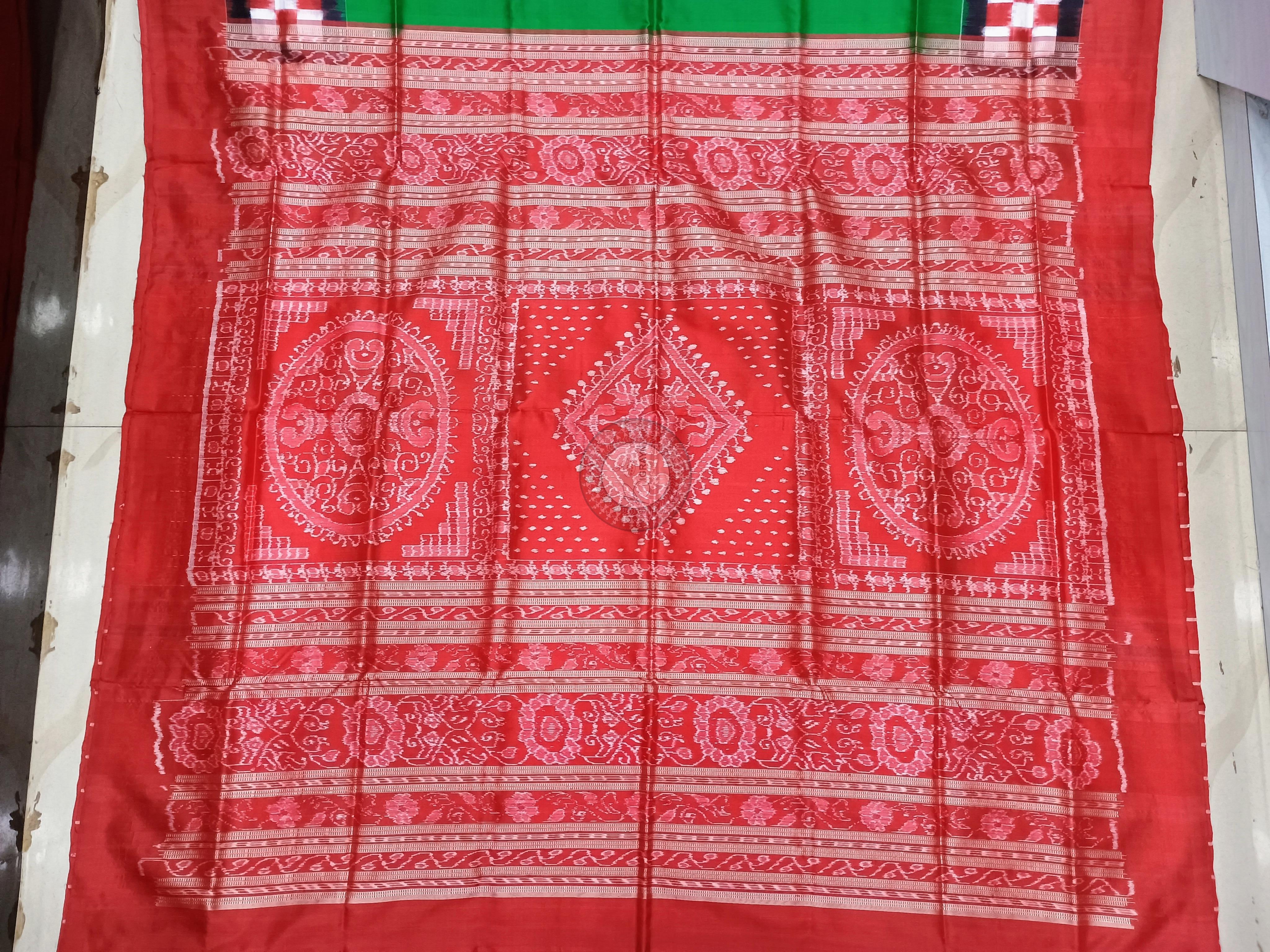 Green Red Scot Pasapali Odisha Handloom Bomkai SIlk Saree