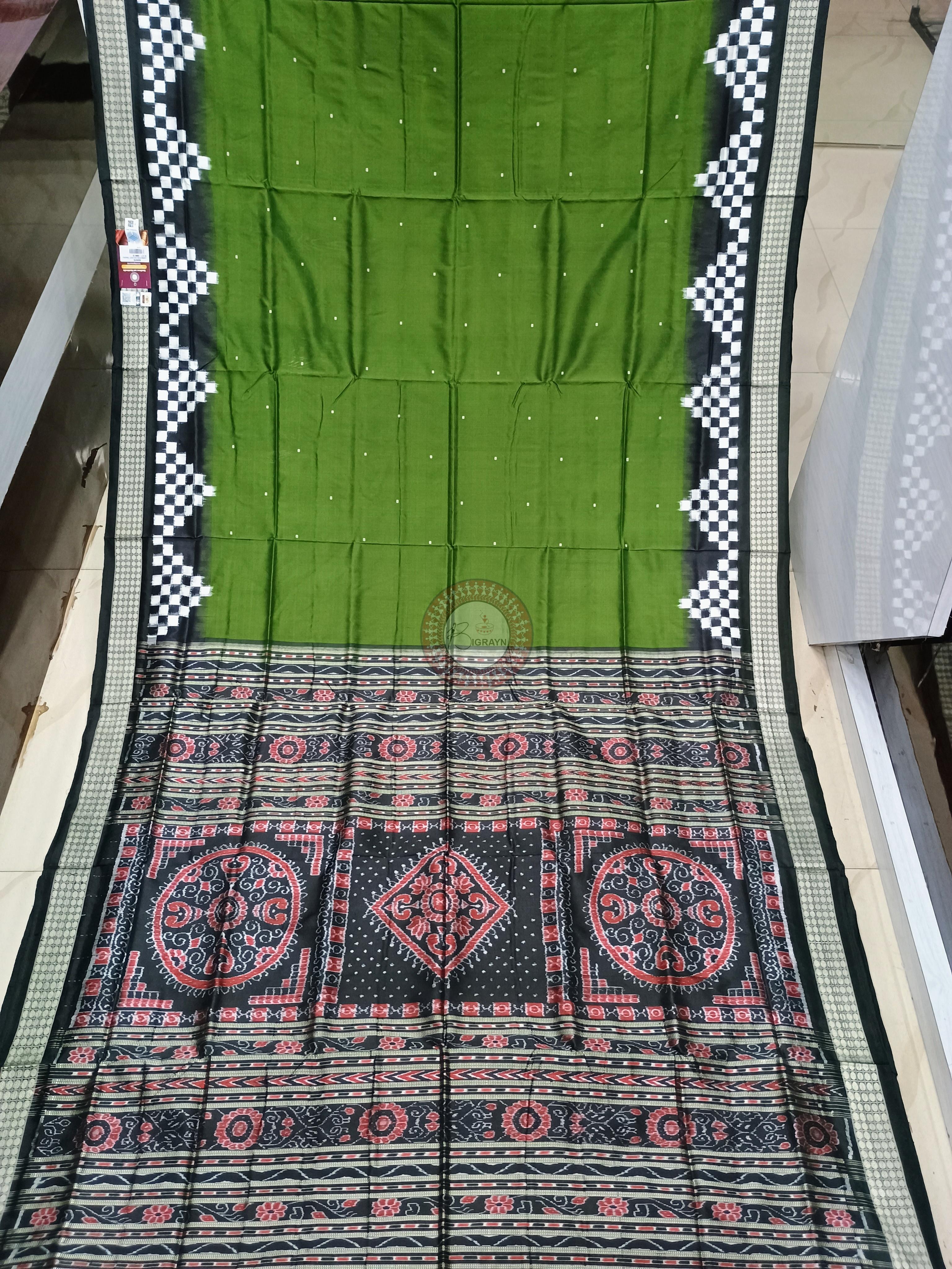Mehendi Green Black Scot Pasapali Border Odisha Handloom Bomkai SIlk Saree